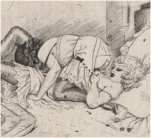 two women in frilly lingerie posed to lick pussy for each other, a cozy bedroom cunnilingus scene