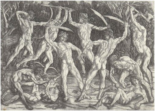 ten men stripped bare and killing each other in a fierce battle etching from the Italian Renaissance