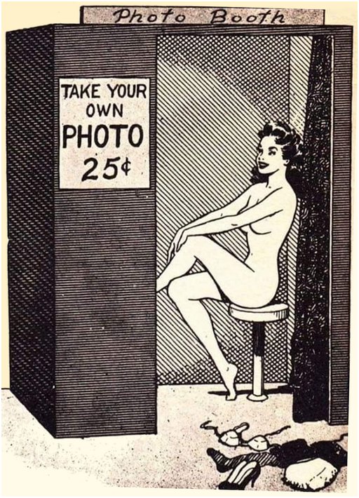 vintage cartoon of a fully nude young woman taking a selfie in an old-fashioned coin-operated public photo booth