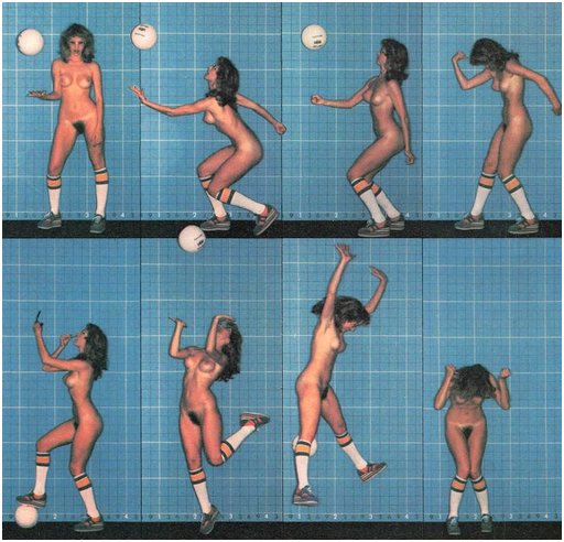 nude woman wearing nothing but shoes and socks spiking a volleyball