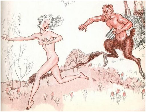 satyr chasing nude woman