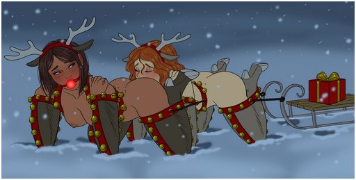two reindeer girls pulling a sled through the snow while each wearing a bitchsuit and antlers