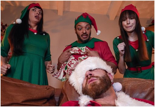 rebellious elves gather around an unconscious bondage Santa Claus