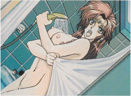 eroge game queen clutches her shower curtain and shouts at an intruder