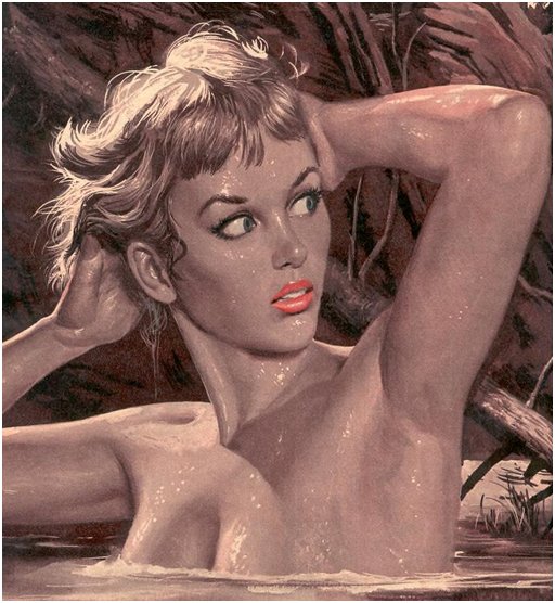 naked woman looks worried as she washes her hair in a lake and stares at some threat in the distance