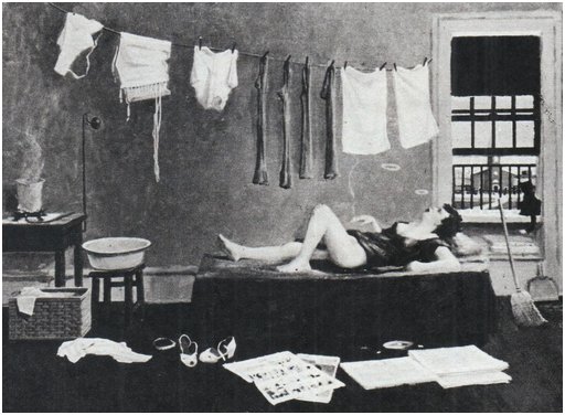 relaxed reclining smoking woman in lingerie blowing smoke rings and looking at her corsets and hose drying on her clothesline