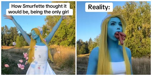 Smurfette with a mouthful of hotdogs