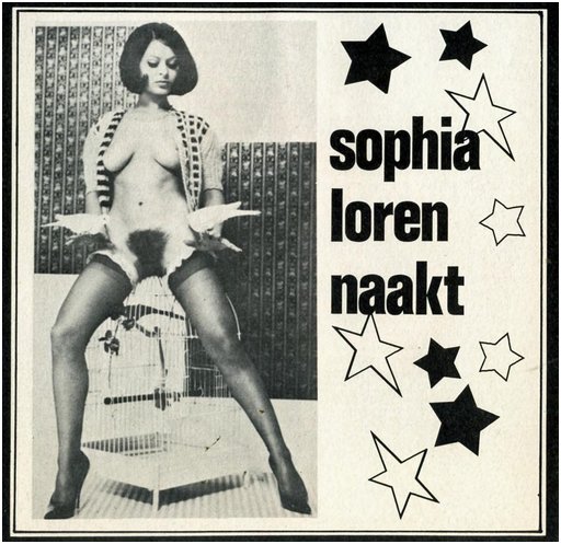 a woman who looks maybe a little bit like Sophia Loren showing full bush in a cheap Dutch porn magazine