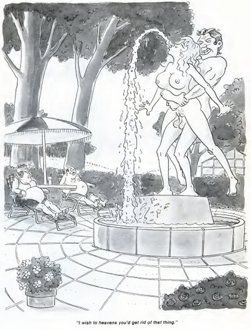 man and wife bickering about a tacky statue of a standing couple fucking so hard that a stream of water is coming out of her mouth
