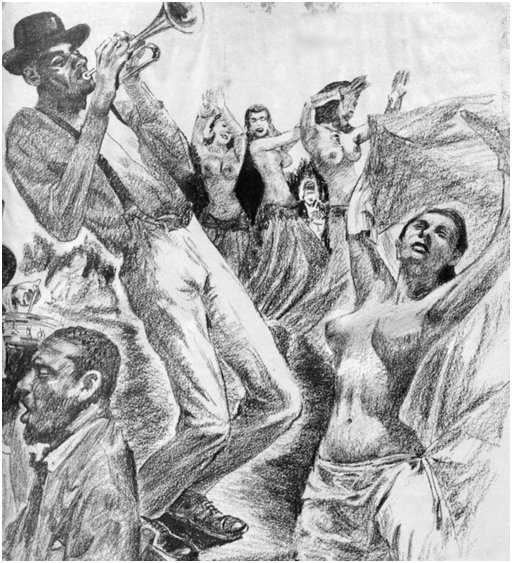 pulp illustration of cornet player buddy bolden blowing a horn while four topless sex workers dance to jazz music