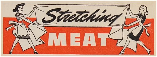 three-colored graphic of two housewives in aprons stretching a banner that promises stretching