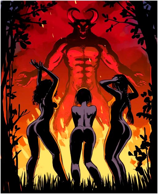 three nude witch women dancing a ritual to summon a huge demon or perhaps the old devil Satan himself