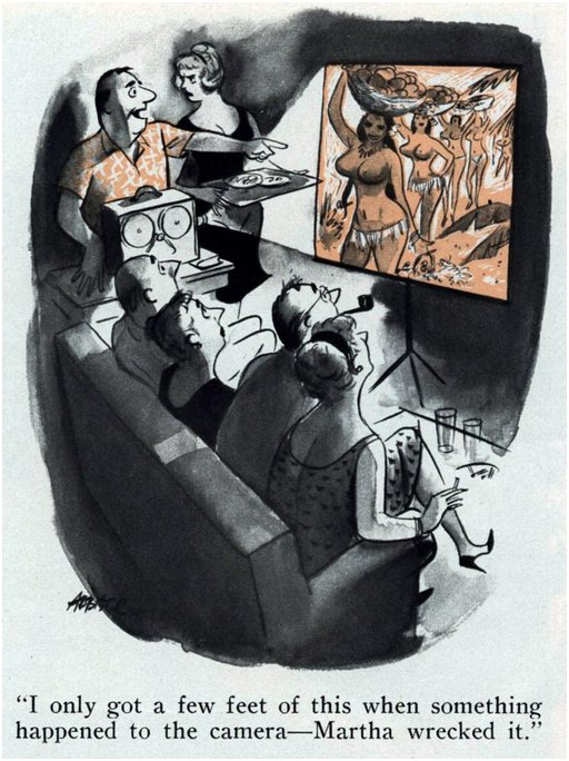 cartoon of a man showing home movies to two couples while his wife serves refreshments