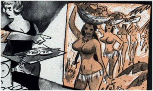 detail of topless women in grass skirts