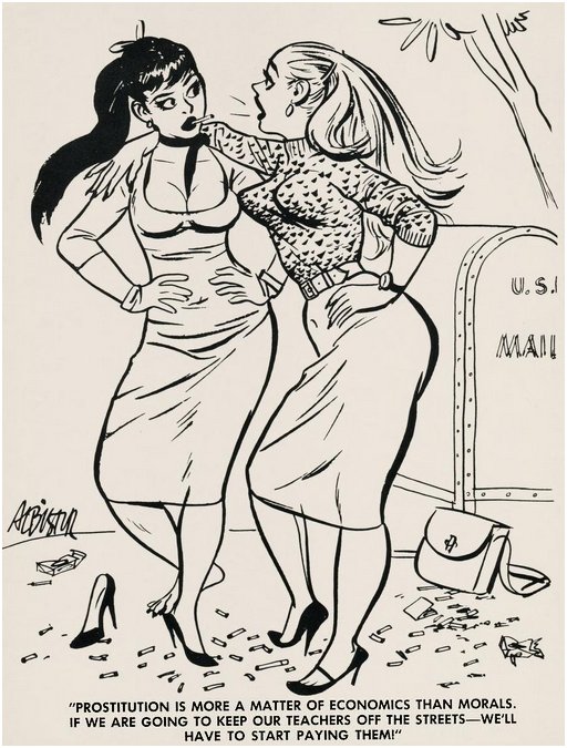 two women in slinky clothing stand by a mailbox talking about sex work and teacher salaries
