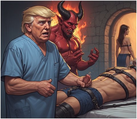 Monica leaving Donald Trump to his work as he reluctant starts to give Bill Clinton a handjob while Satan supervises