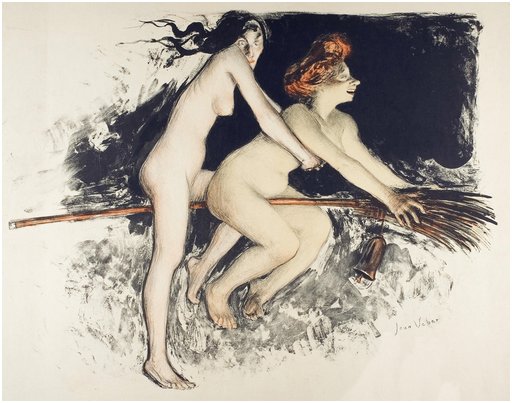 two naked witches flying on one broomstick