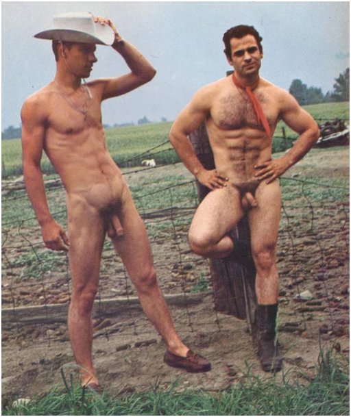 two gay cowboys with only one cowboy hat, one bandana, and one pair of boots between them