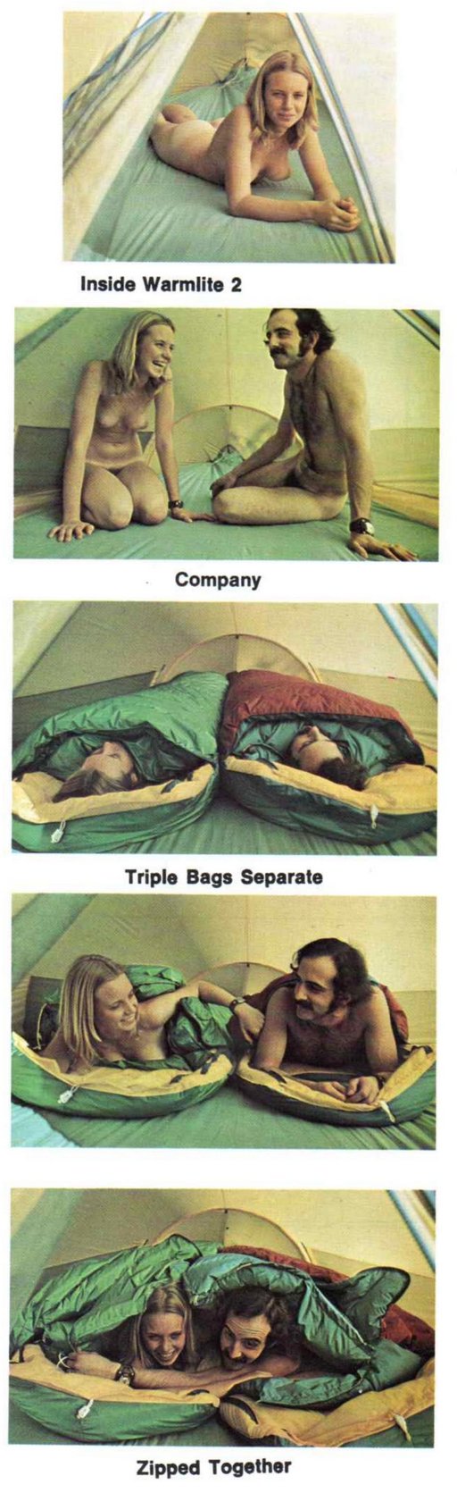 a series of photos showing the potential for two naked people to zip together their sleeping bags